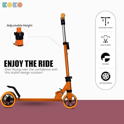 Koko Rowdy Kick Skate Scooter with Adjustable Height and Portable, Kids Scooter with Led PVC Wheels for Age 3+ (Max User Weight: 50kg) (Orange)