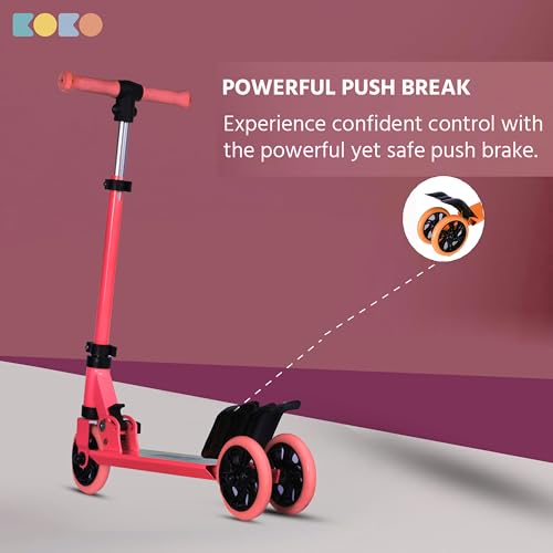 Koko Rowdy Kick Skate Scooter with Adjustable Height and Portable, Kids Scooter with Led PVC Wheels for Age 3+ (Max User Weight: 50kg) (Pink)