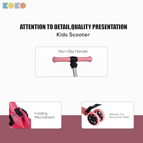 Koko Rowdy Kick Skate Scooter with Adjustable Height and Portable, Kids Scooter with Led PVC Wheels for Age 3+ (Max User Weight: 50kg) (Pink)