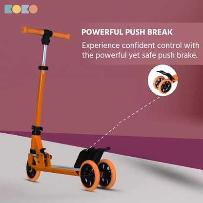 Koko Rowdy Kick Skate Scooter with Adjustable Height and Portable, Kids Scooter with Led PVC Wheels for Age 3+ (Max User Weight: 50kg) (Orange)