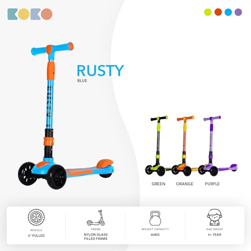 Koko Rusty Kick Scooter with Adjustable Height and Portable, Kids Scooter with PVC Wheels for Age 3+ (Max User Weight: 40kg)(Blue)