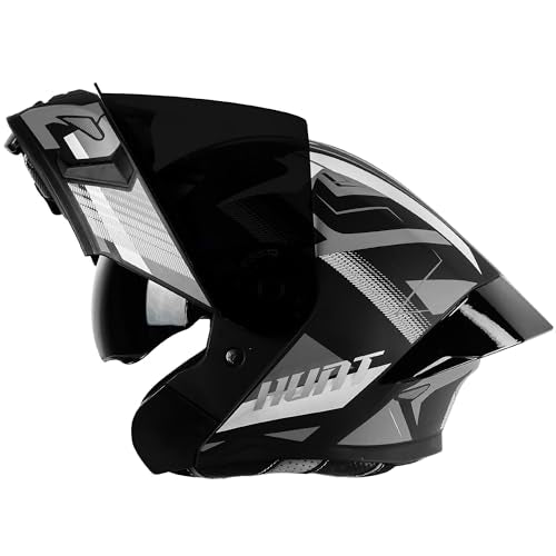 Steelbird SBA-20 Hunt ISI Certified Flip-Up Graphic Helmet for Men and Women with Inner Smoke Sun Shield (Matt Black Grey with Black Spoiler and Smoke Visor)