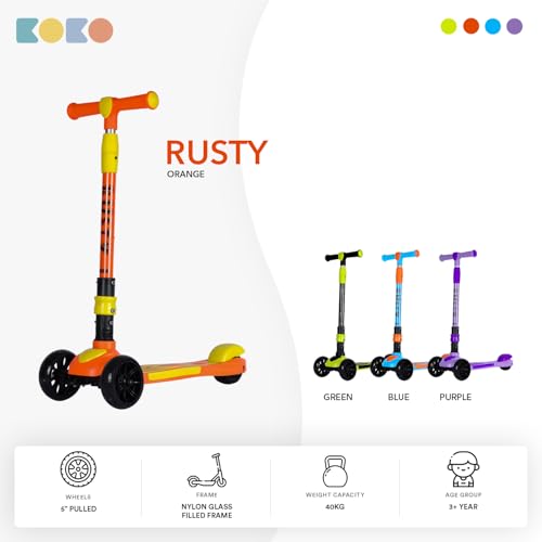 Koko Rusty Kick Scooter with Adjustable Height and Portable, Kids Scooter with PVC Wheels for Age 3+ (Max User Weight: 40kg)(Orange)