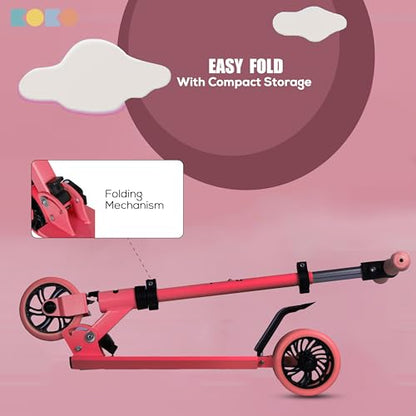 Koko Rowdy Kick Skate Scooter with Adjustable Height and Portable, Kids Scooter with Led PVC Wheels for Age 3+ (Max User Weight: 50kg) (Pink)