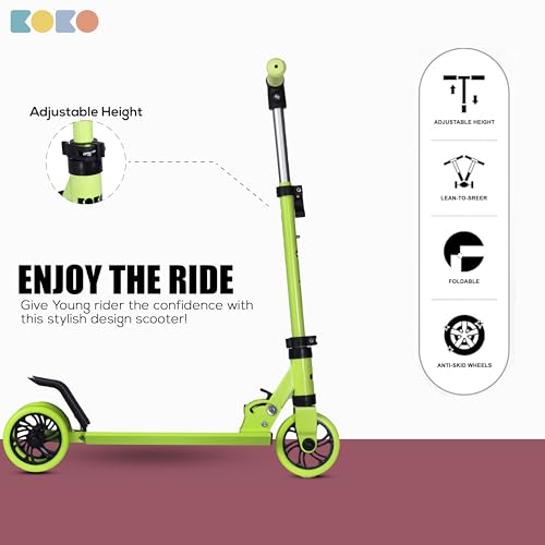 Koko Rowdy Kick Skate Scooter with Adjustable Height and Portable, Kids Scooter with Led PVC Wheels for Age 3+ (Max User Weight: 50kg) (Green)