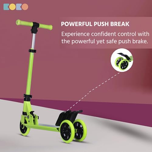 Koko Rowdy Kick Skate Scooter with Adjustable Height and Portable, Kids Scooter with Led PVC Wheels for Age 3+ (Max User Weight: 50kg) (Green)