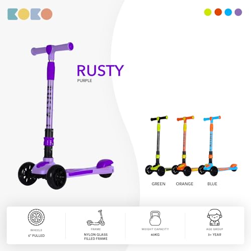 Koko Rusty Kick Scooter with Adjustable Height and Portable, Kids Scooter with PVC Wheels for Age 3+ (Max User Weight: 40kg)(Purple)