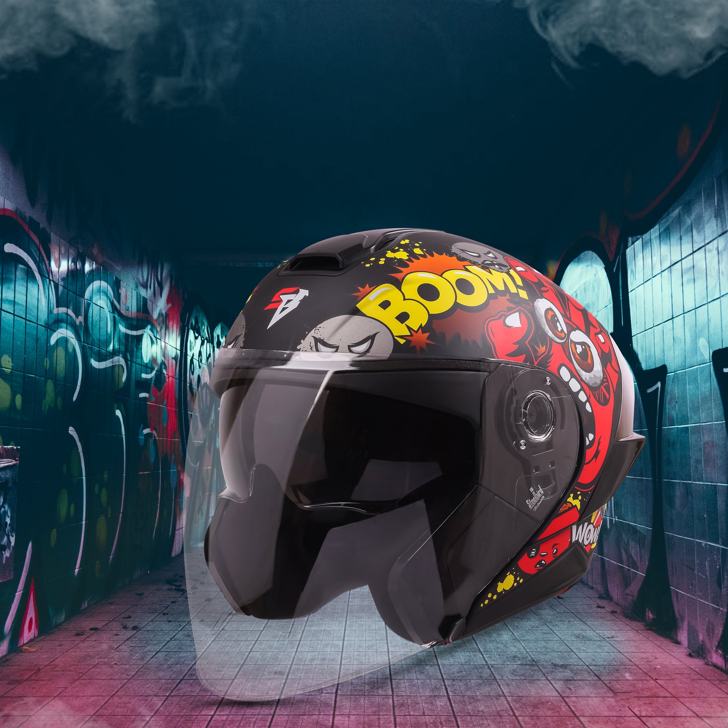 Steelbird SBA-10 Boom ISI and DOT Certified Open Face Graphic Helmet for Men and Women with Inner Smoke Sun Shield (Glossy Red)