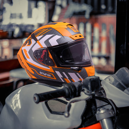 Ignyte IGN-4 Atomixx ISI/DOT Certified Full Face Graphic Helmet with Outer Anti-Fog Clear Visor and Inner Smoke Sun Shield (Glossy Orange White)