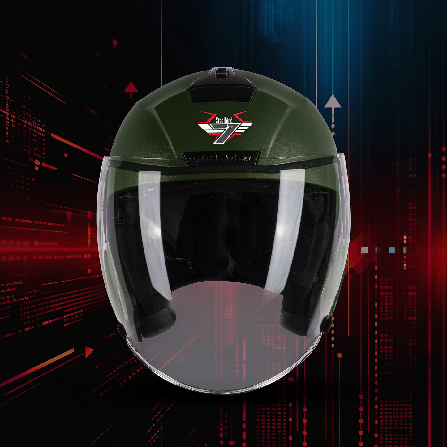 Steelbird SBA-9 7Wings  ISI Certified Open Face Helmet for Men and Women  (Dashing Battle Green With Clear Visor)