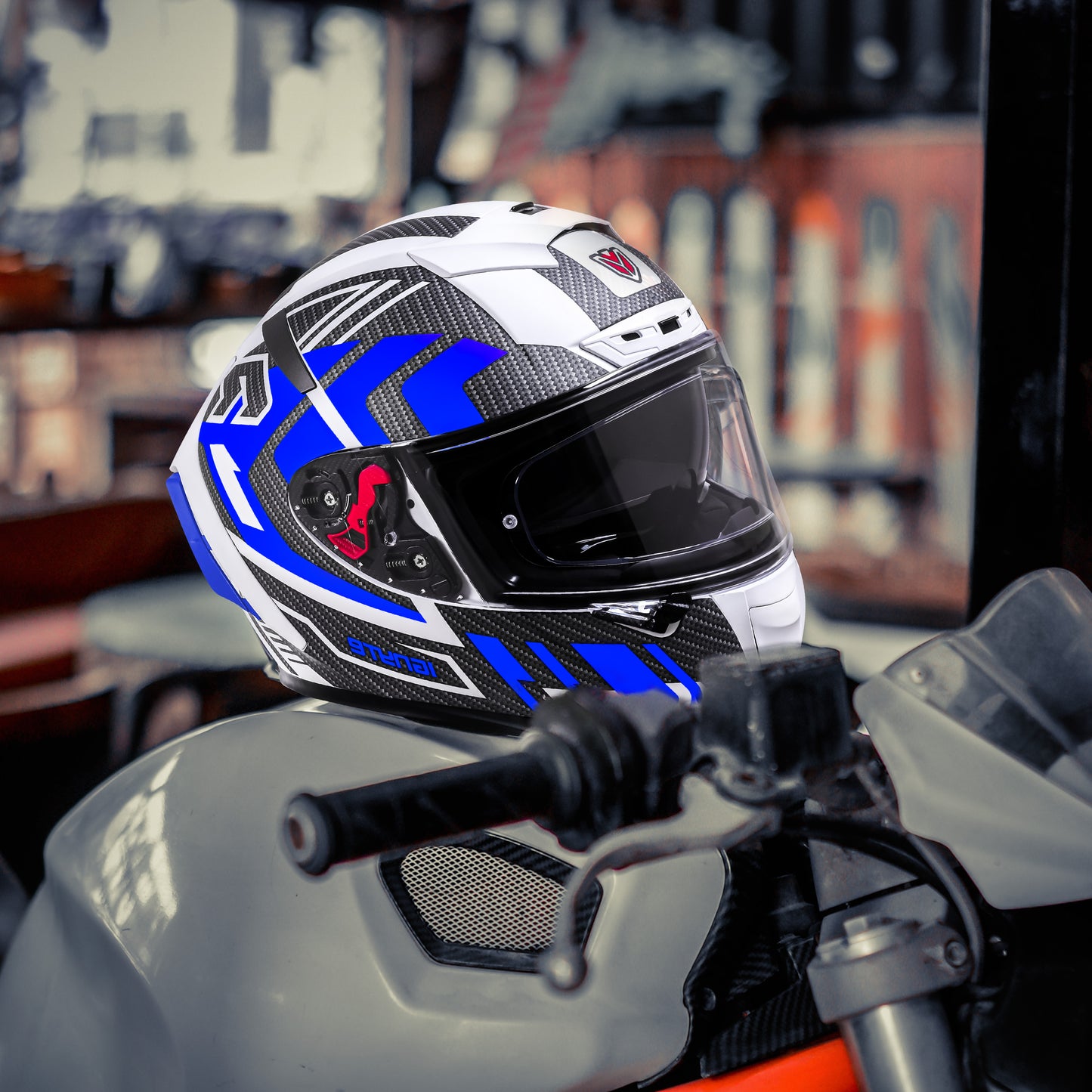 Ignyte IGN-4 Atomixx ISI/DOT Certified Full Face Graphic Helmet with Outer Anti-Fog Clear Visor and Inner Smoke Sun Shield (Glossy White Blue)