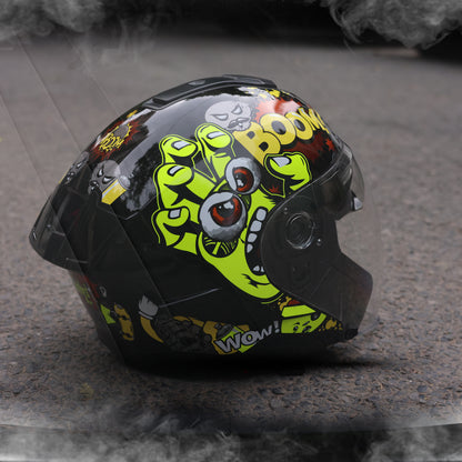 Steelbird SBA-10 Boom ISI and DOT Certified Open Face Graphic Helmet for Men and Women with Inner Smoke Sun Shield (Glossy Neon)