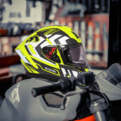 Ignyte IGN-4 Atomixx ISI/DOT Certified Full Face Graphic Helmet with Outer Anti-Fog Clear Visor and Inner Smoke Sun Shield (Glossy Fluo Neon White)