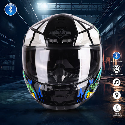 Steelbird Crazy Doe Bluetooth Full Face ISI Certified Graphic Helmet for Men with Inner Smoke Sun Shield | SBH-40 7Wings (Glossy Black Blue)