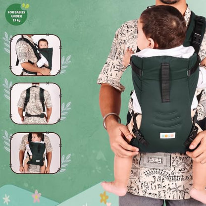 Koko 2-in-1 Easy-to-Wear Adjustable Baby Carrier Cum Kangaroo Bag-Lightweight and Breathable-Back-Front Carrier for Baby with Safety Belt-Max Weight Up to 15 Kg (Bottle Green)