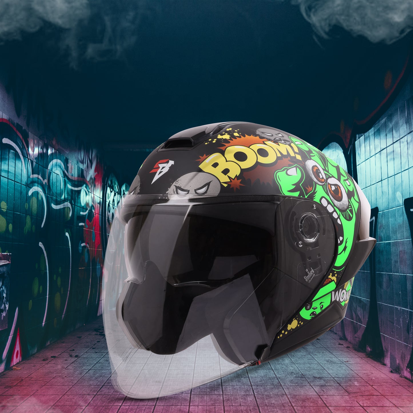 Steelbird SBA-10 Boom ISI and DOT Certified Open Face Graphic Helmet for Men and Women with Inner Smoke Sun Shield (Glossy Green)