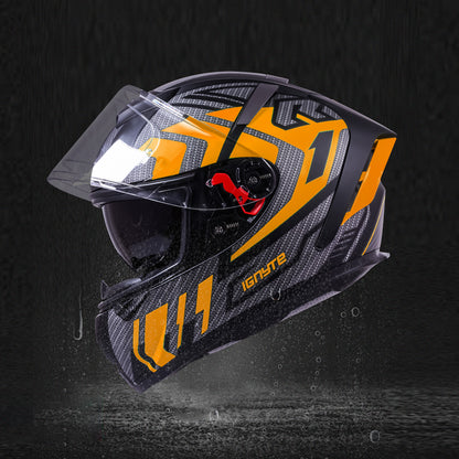 Ignyte IGN-4 Atomixx ISI/DOT Certified Full Face Graphic Helmet with Outer Anti-Fog Clear Visor and Inner Smoke Sun Shield (Glossy Black Orange)