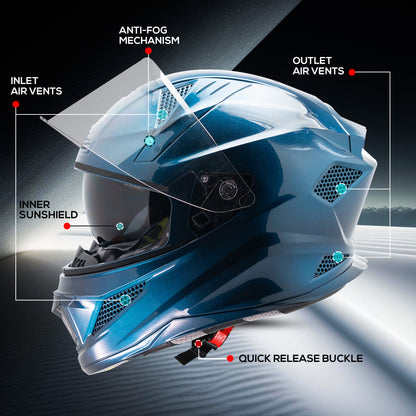 Steelbird SBH-25 Breeze On Ombre 7Wings ISI Certified Full Face Helmet for Men and Women with Inner Smoke Sun Shield (Glossy Black Cyan Blue)