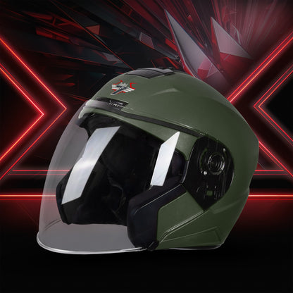 Steelbird SBA-9 7Wings  ISI Certified Open Face Helmet for Men and Women  (Dashing Battle Green With Clear Visor)