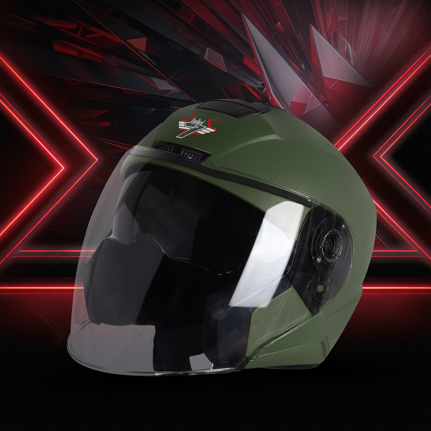 Steelbird SBA-9 7Wings  ISI Certified Open Face Helmet for Men and Women with Inner Smoke Sun Shield (Dashing Battle Green)