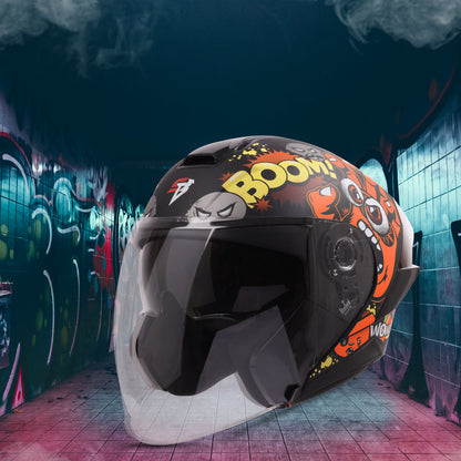 Steelbird SBA-10 Boom ISI and DOT Certified Open Face Graphic Helmet for Men and Women with Inner Smoke Sun Shield (Glossy Orange)