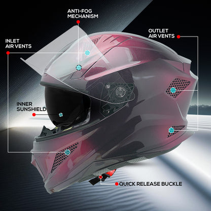 Steelbird SBH-25 Breeze On Ombre 7Wings ISI Certified Full Face Helmet for Men and Women with Inner Smoke Sun Shield (Glossy Black Metallic Pink)