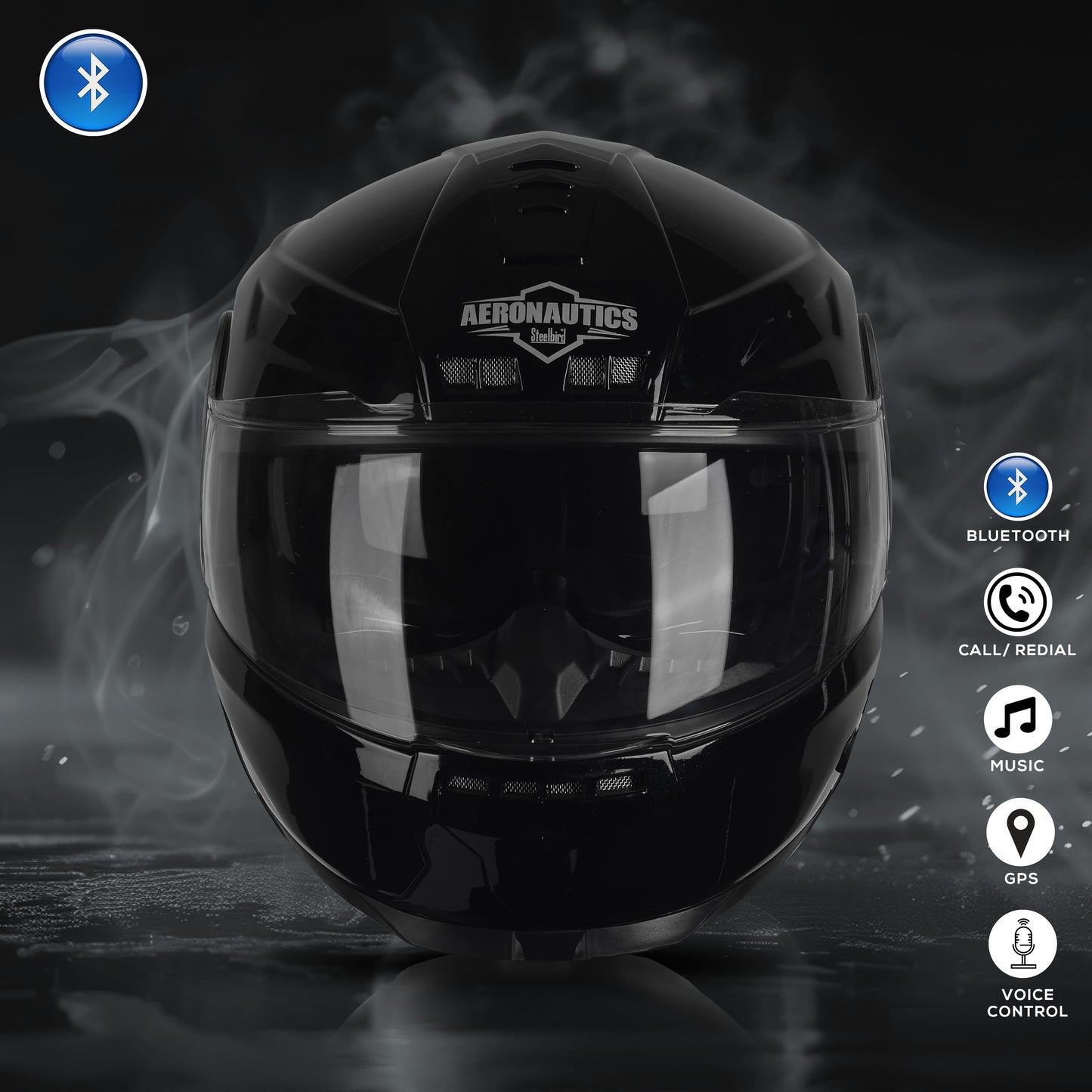 Steelbird Bluetooth Full Face ISI Certified Helmet for Men with Inner Smoke Sun Shield | SBH-40 7Wings (Matt Black)