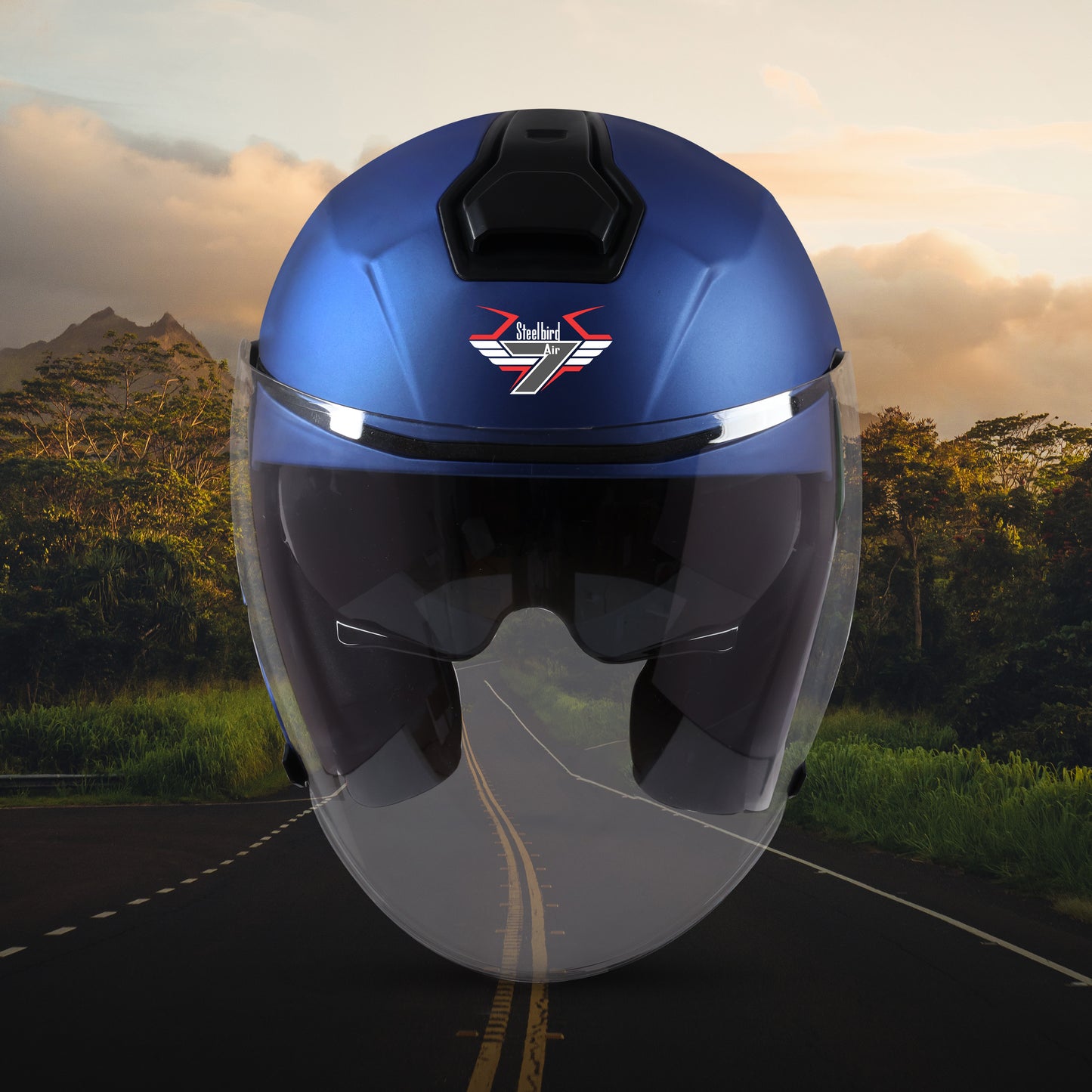 Steelbird SBA-10 7Wings ISI Certified Open Face Helmet for Men and Women with Inner Smoke Sun Shield (Glossy Y.Blue)