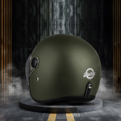 Steelbird SBH-54 Retro ISI Certified Open Face Helmet for Men and Women (Matt Battle Green)