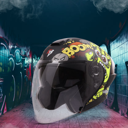 Steelbird SBA-10 Boom ISI and DOT Certified Open Face Graphic Helmet for Men and Women with Inner Smoke Sun Shield (Glossy Neon)