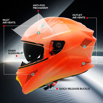 Steelbird SBH-25 Breeze On Ombre 7Wings ISI Certified Full Face Helmet for Men and Women with Inner Smoke Sun Shield (Glossy Neon Red)