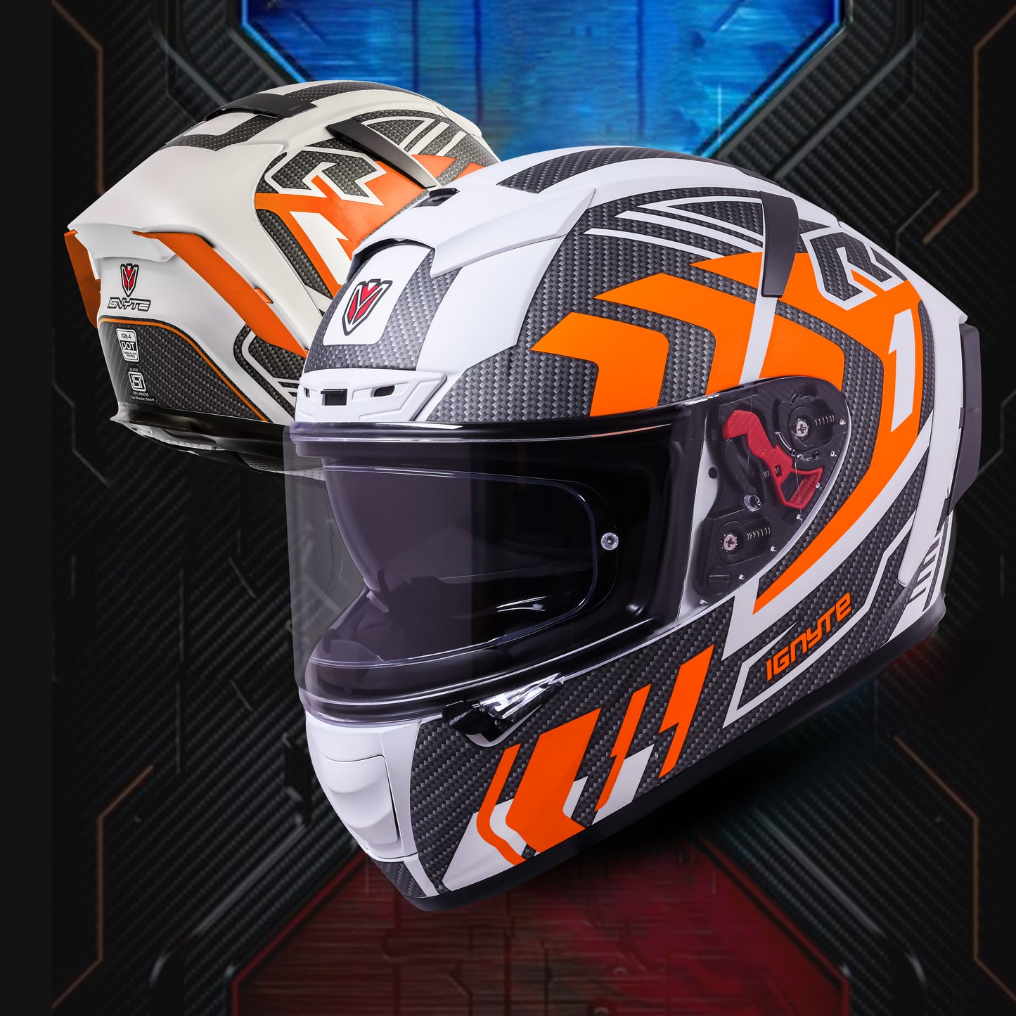 Ignyte IGN-4 Atomixx ISI/DOT Certified Full Face Graphic Helmet with Outer Anti-Fog Clear Visor and Inner Smoke Sun Shield (Glossy White Orange)