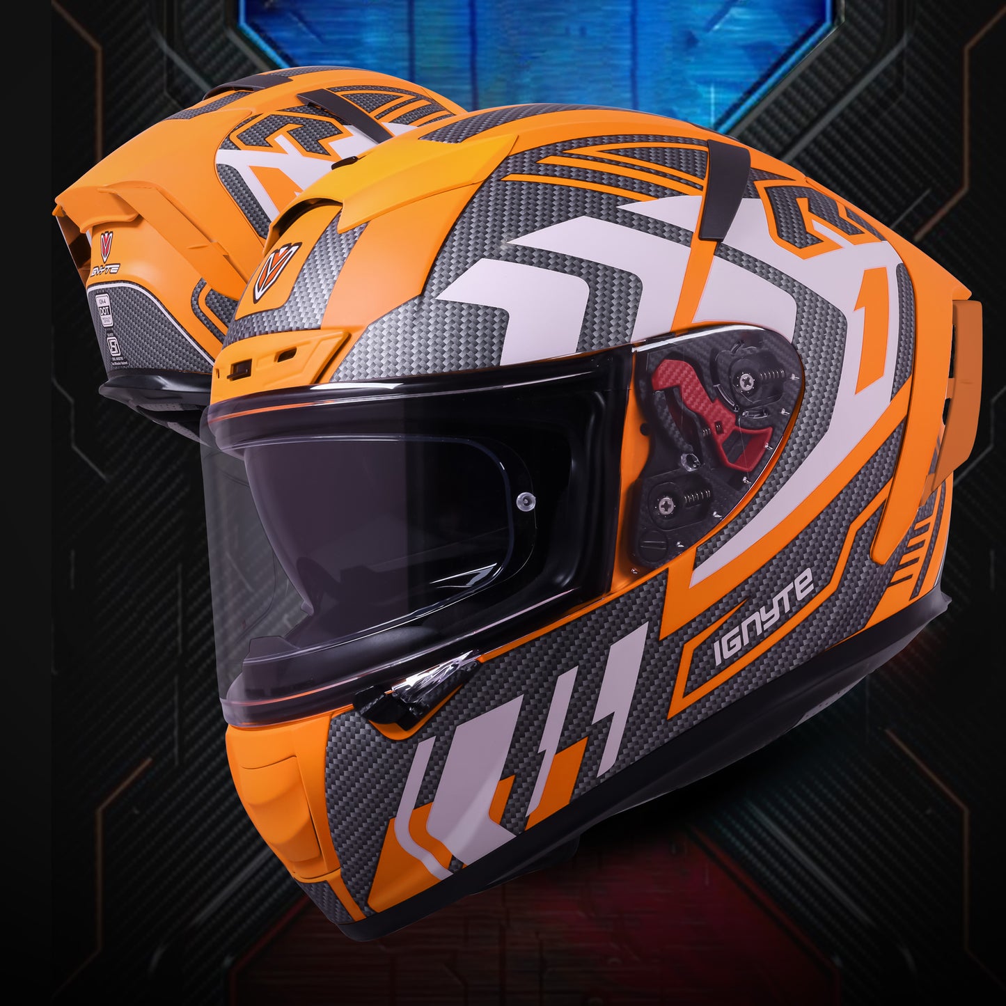 Ignyte IGN-4 Atomixx ISI/DOT Certified Full Face Graphic Helmet with Outer Anti-Fog Clear Visor and Inner Smoke Sun Shield (Glossy Orange White)