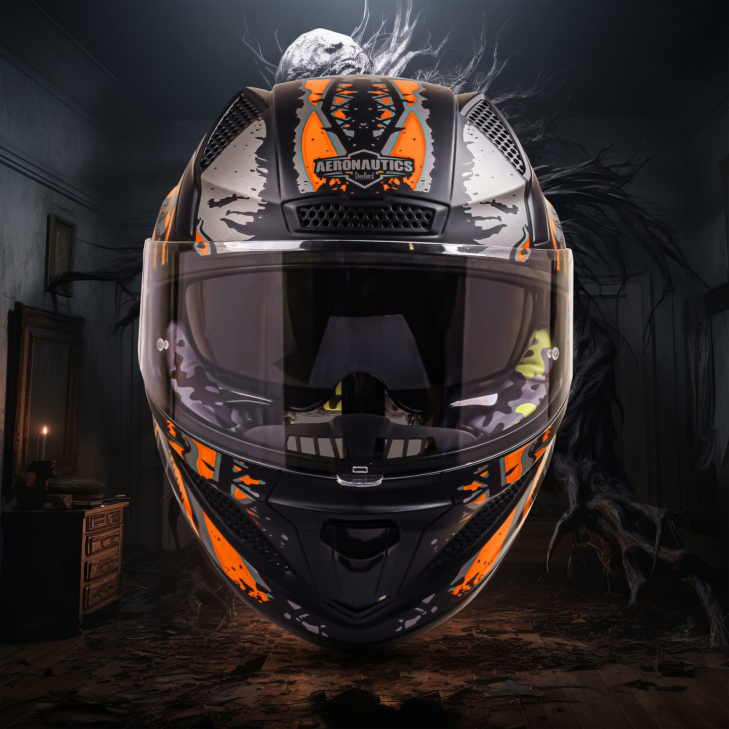 Steelbird SBH-25 Predator ISI Certified Full Face Graphic Helmet for Men and Women (Glossy Black Orange with Inner Smoke Sun Shield)