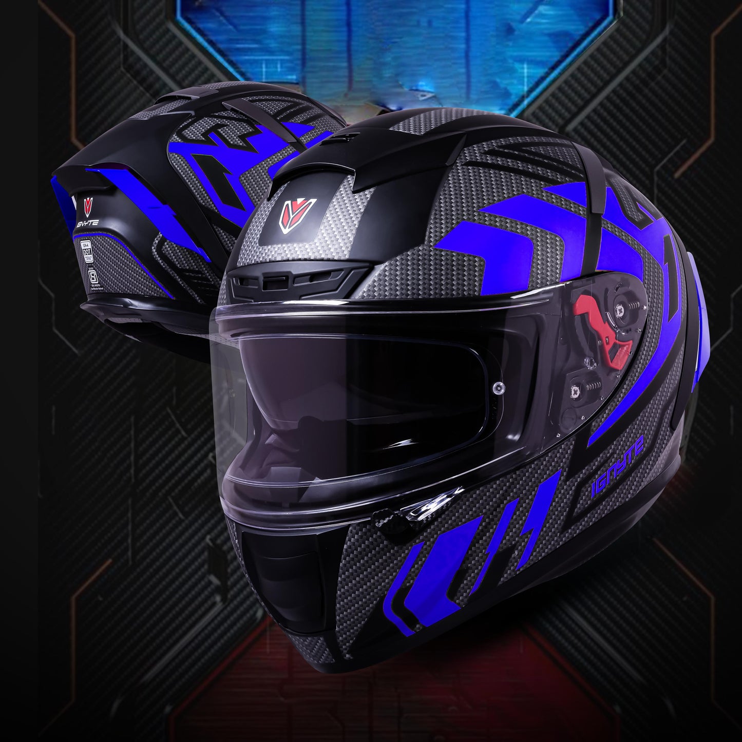 Ignyte IGN-4 Atomixx ISI/DOT Certified Full Face Graphic Helmet with Outer Anti-Fog Clear Visor and Inner Smoke Sun Shield (Glossy Black Blue)