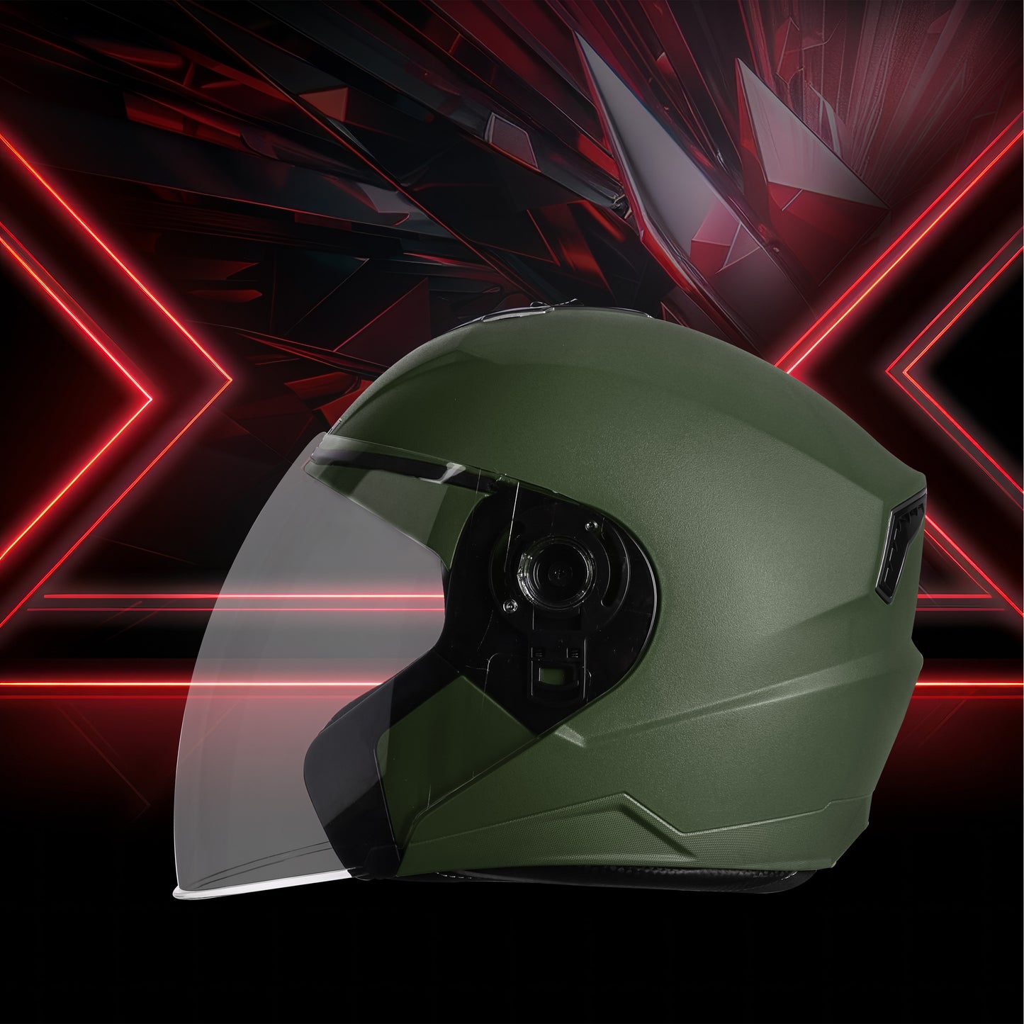 Steelbird SBA-9 7Wings  ISI Certified Open Face Helmet for Men and Women  (Dashing Battle Green With Clear Visor)