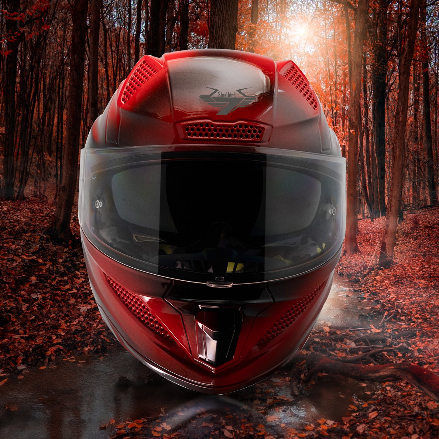 Steelbird SBH-25 Breeze On Ombre 7Wings ISI Certified Full Face Helmet for Men and Women with Inner Smoke Sun Shield (Glossy Black Sports Red)