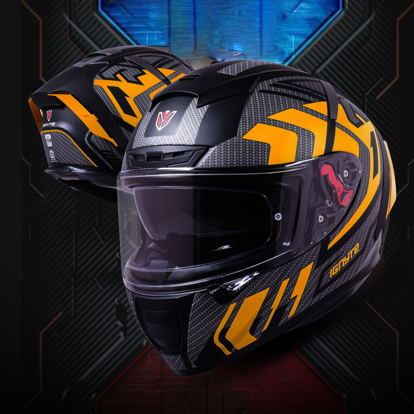 Ignyte IGN-4 Atomixx ISI/DOT Certified Full Face Graphic Helmet with Outer Anti-Fog Clear Visor and Inner Smoke Sun Shield (Glossy Black Orange)