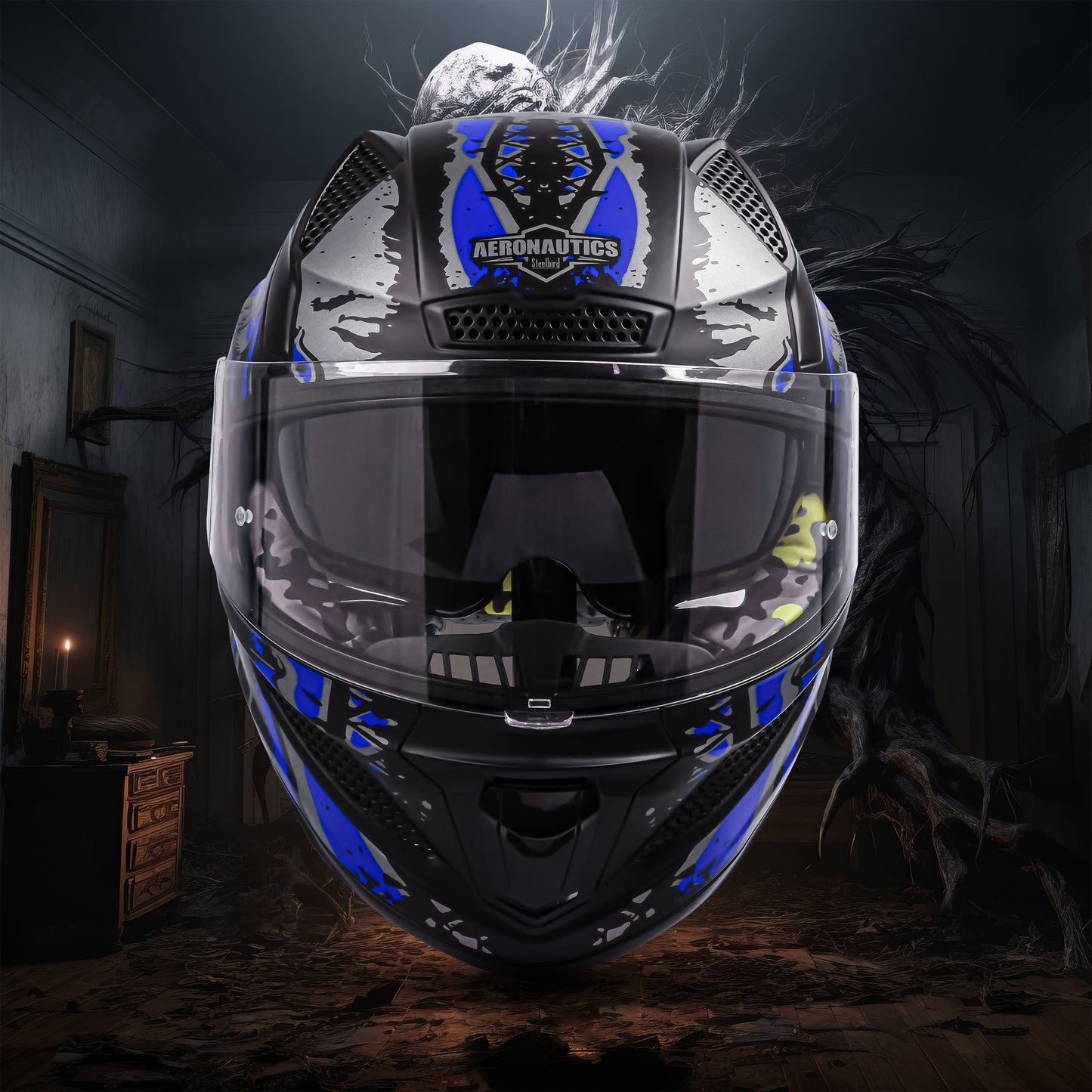 Steelbird SBH-25 Predator ISI Certified Full Face Graphic Helmet for Men and Women (Glossy Black Dark Blue with Inner Smoke Sun Shield)