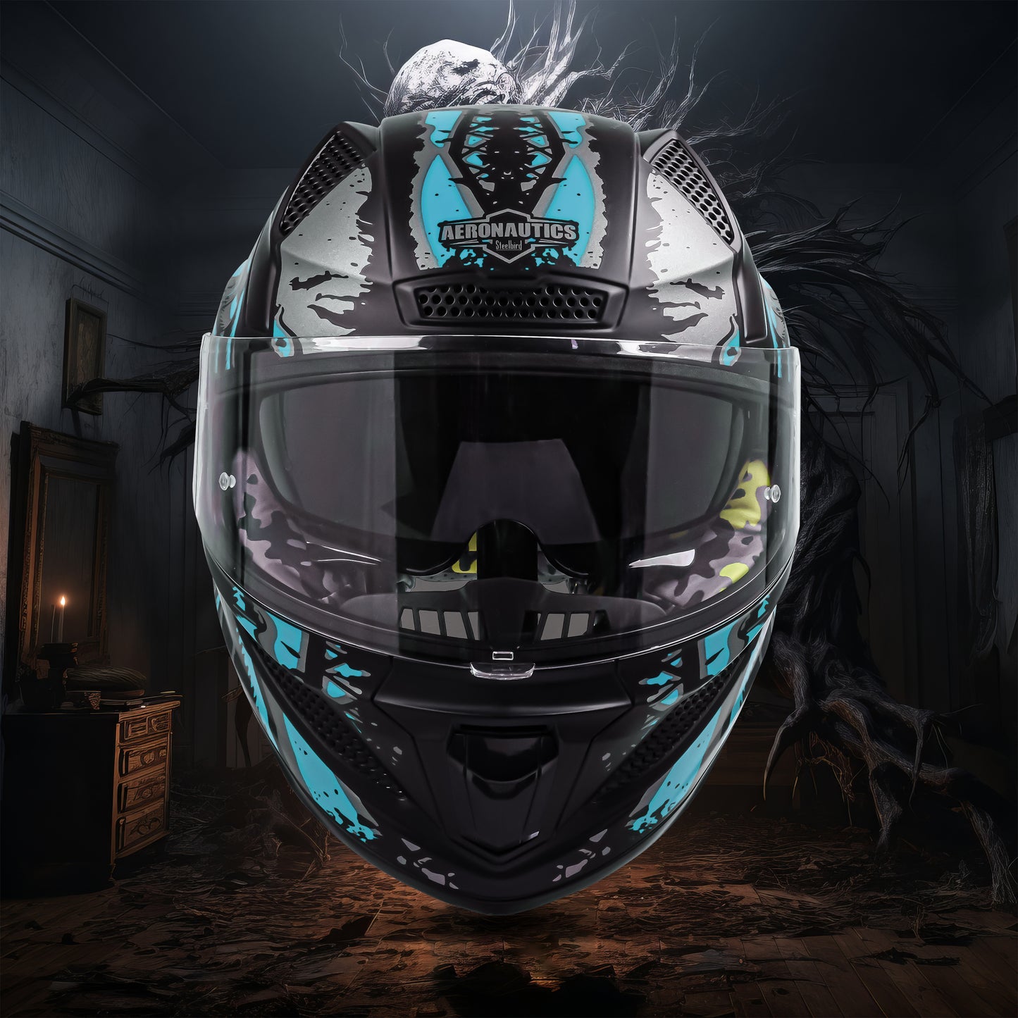 Steelbird SBH-25 Predator ISI Certified Full Face Graphic Helmet for Men and Women (Glossy Black Light Blue with Inner Smoke Sun Shield)