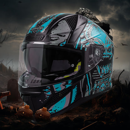 Steelbird SBH-25 Predator ISI Certified Full Face Graphic Helmet for Men and Women (Glossy Black Light Blue with Inner Smoke Sun Shield)