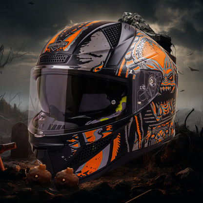 Steelbird SBH-25 Predator ISI Certified Full Face Graphic Helmet for Men and Women (Glossy Black Orange with Inner Smoke Sun Shield)