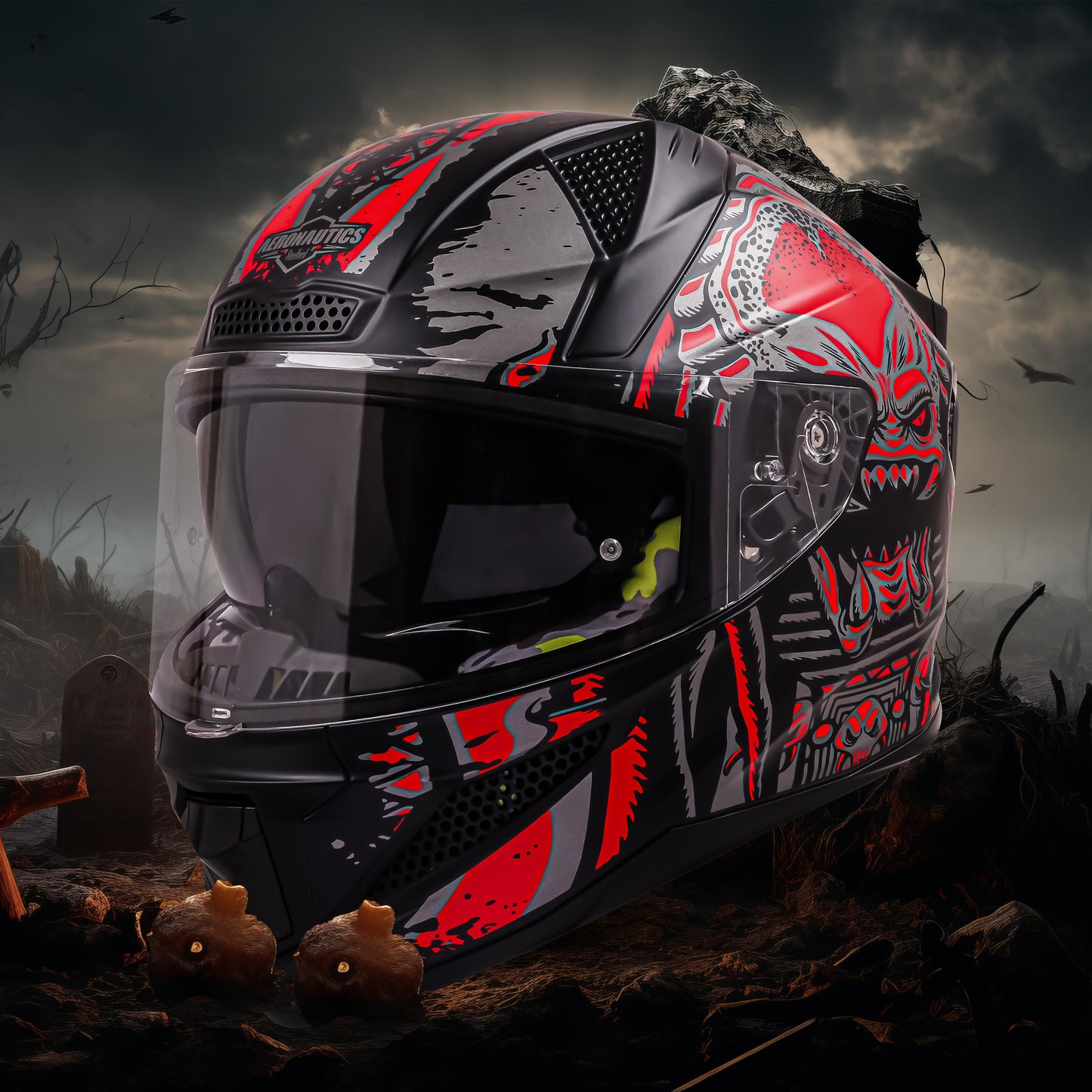 Steelbird SBH-25 Predator ISI Certified Full Face Graphic Helmet for Men and Women (Glossy Black Red with Inner Smoke Sun Shield)