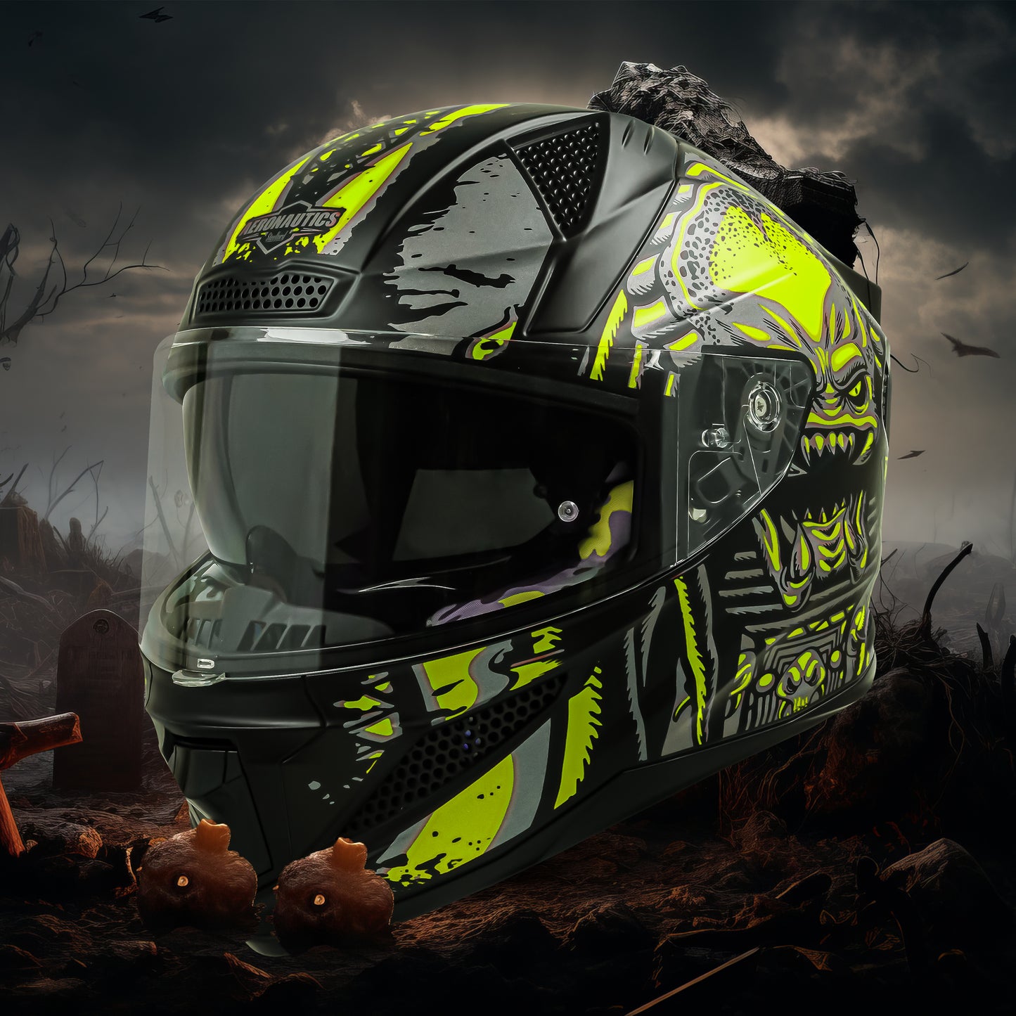 Steelbird SBH-25 Predator ISI Certified Full Face Graphic Helmet for Men and Women (Glossy Black Neon with Inner Smoke Sun Shield)