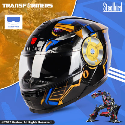 Steelbird SBH-40 Transformers Optimus Prime ISI Certified Full Face Graphic Helmet for Men and Women with Inner Smoke Sun Shield (Glossy Black Gold)