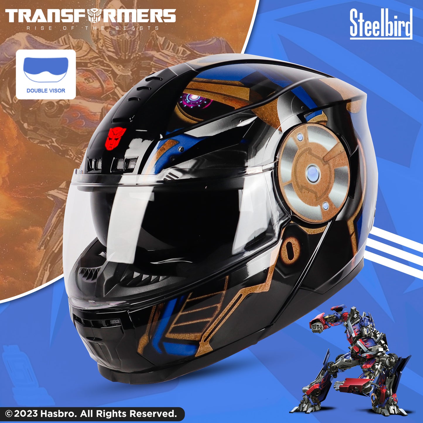 Steelbird SBH-40 Transformers Optimus Prime ISI Certified Full Face Graphic Helmet for Men and Women with Inner Smoke Sun Shield (Matt Black Copper)