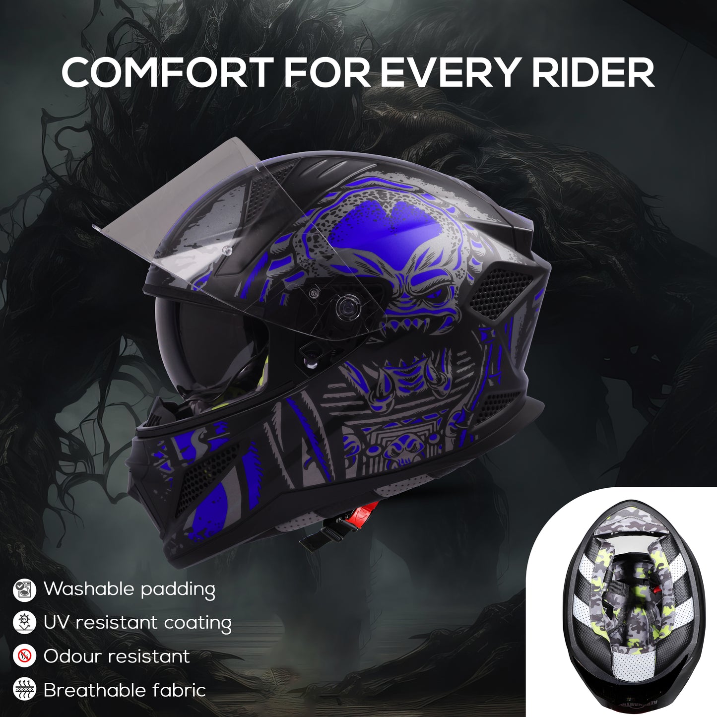 Steelbird SBH-25 Predator ISI Certified Full Face Graphic Helmet for Men and Women (Glossy Black Dark Blue with Inner Smoke Sun Shield)