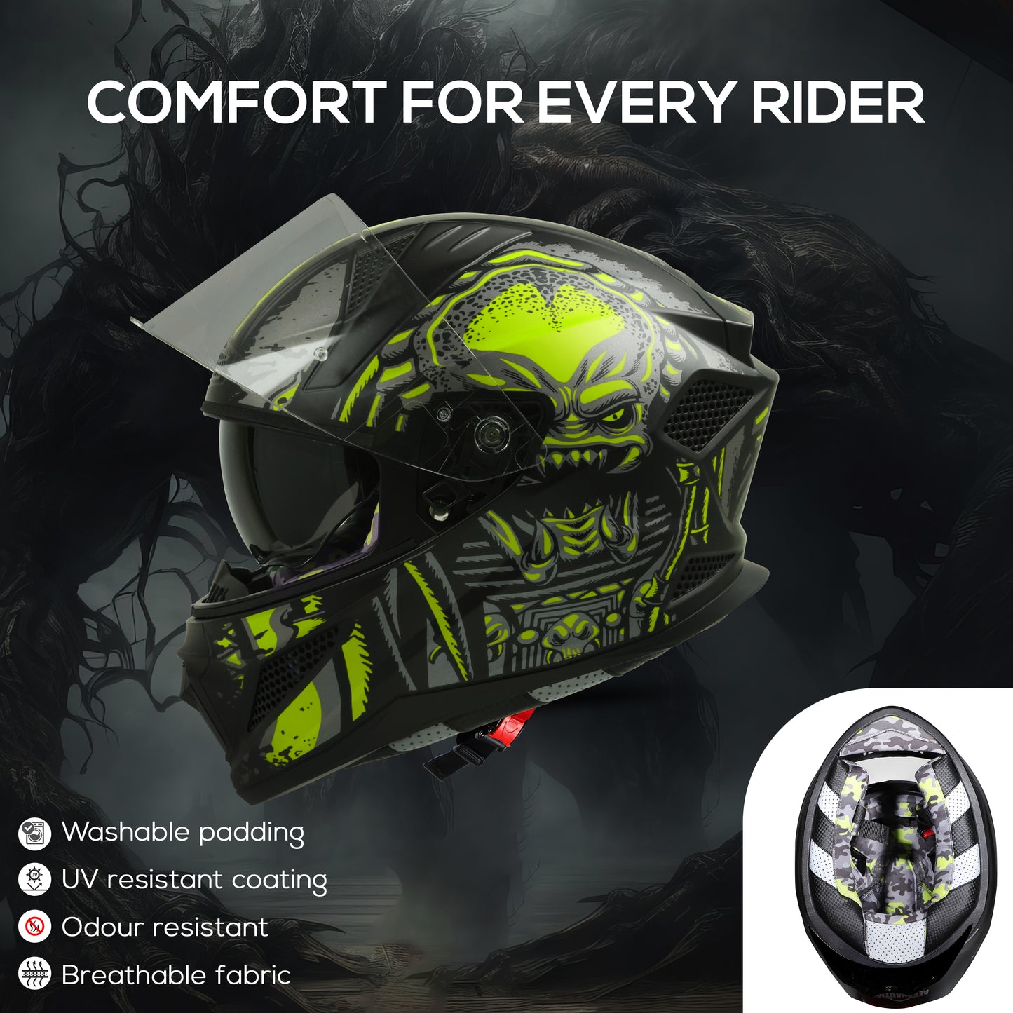 Steelbird SBH-25 Predator ISI Certified Full Face Graphic Helmet for Men and Women (Glossy Black Neon with Inner Smoke Sun Shield)