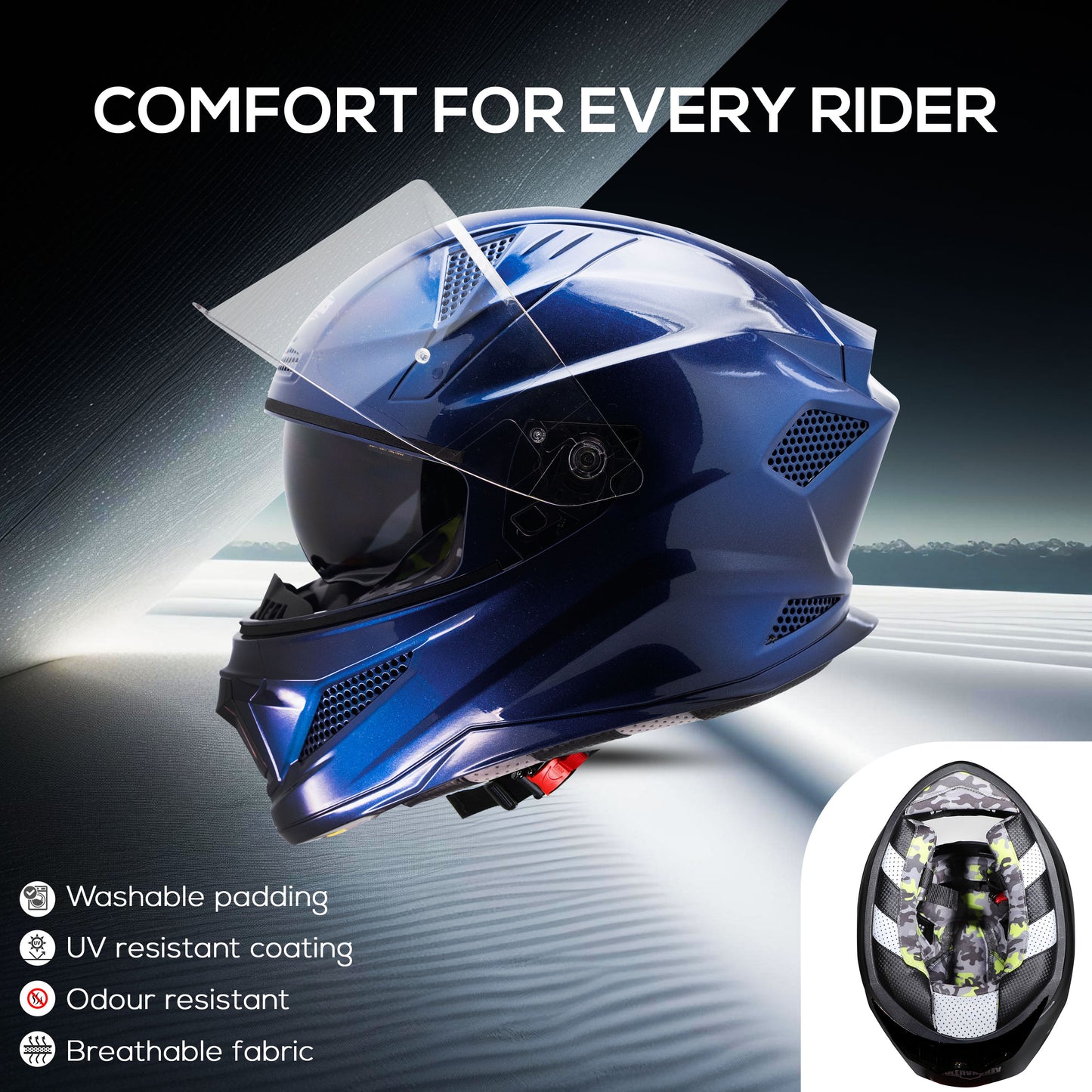 Steelbird SBH-25 Breeze On Ombre 7Wings ISI Certified Full Face Helmet for Men and Women with Inner Smoke Sun Shield (Glossy Black Y.Blue)