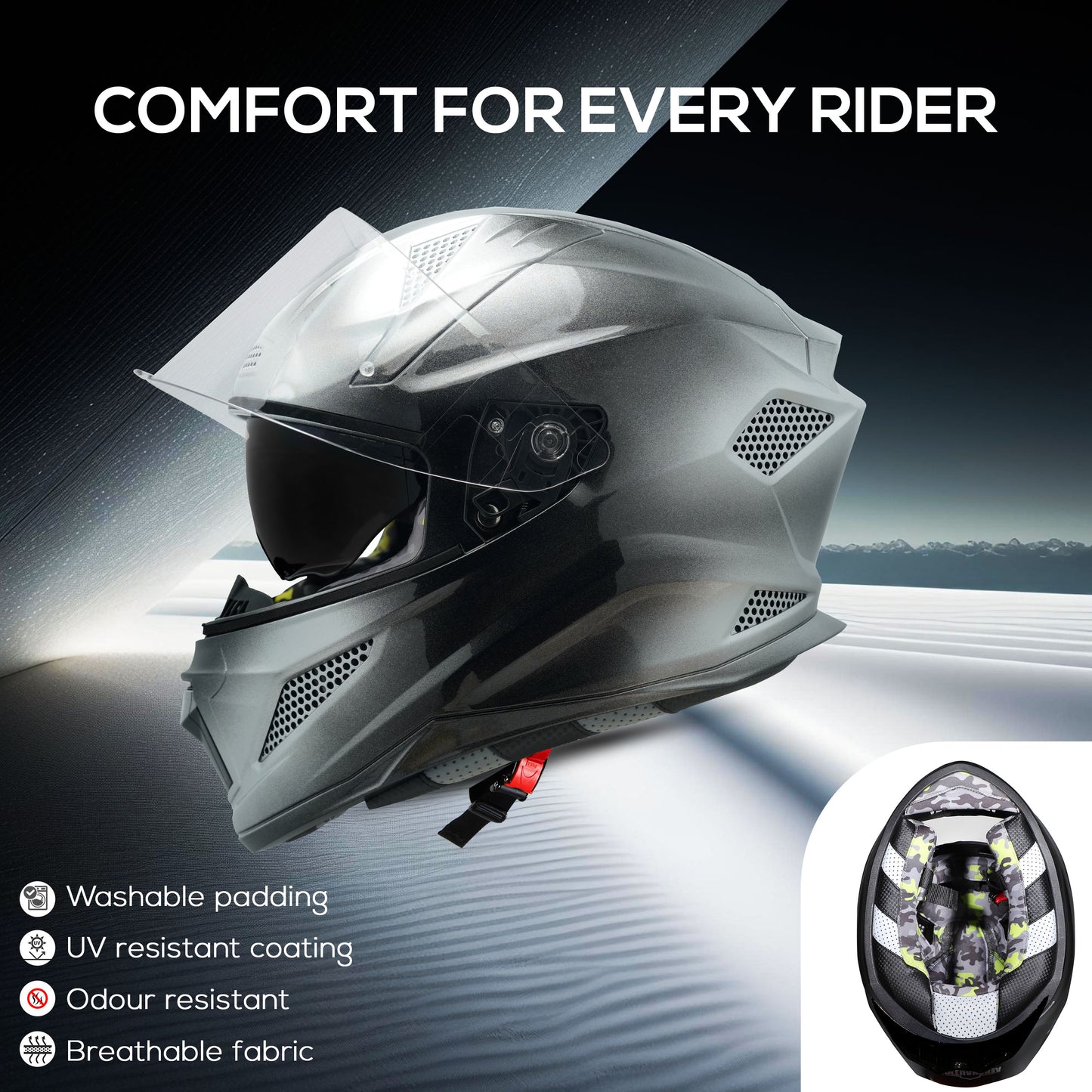 Steelbird SBH-25 Breeze On Ombre 7Wings ISI Certified Full Face Helmet for Men and Women with Inner Smoke Sun Shield (Glossy Black Silver)